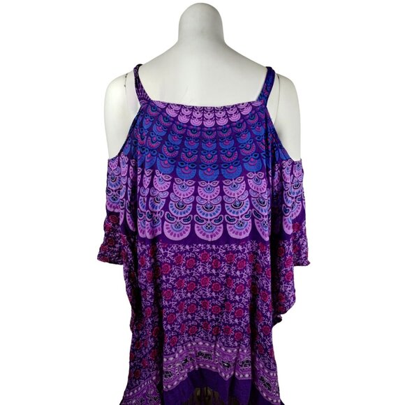 Womens 3XL Bohemian Paisley Print Cold Shoulder Fringed Poncho Tunic Top - Picture 2 of 6
